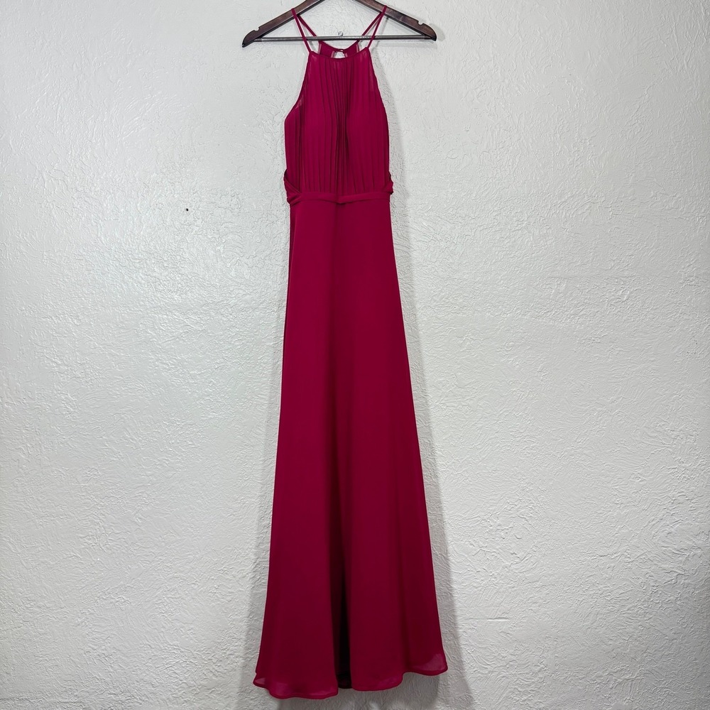 Azazie Bridesmaid Prom Dress 0 Burgundy Halter Pleated Chiffon Formal Gala Event